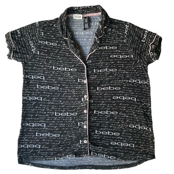 Bebe Sleepwear Women’s Short Sleeve Button Down Shirt size XL, fits like L,Black - Picture 1 of 7